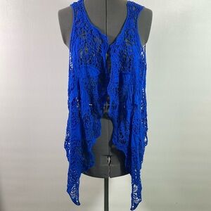 Jastie Vest Women Royal Blue Cardigan Boho Sleeveless Crotched 100% Cotton